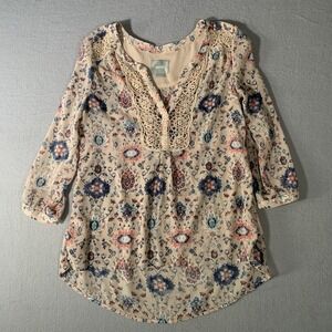 Maeve Anthropologie Cream Viola Floral Long Sleeve Crochet Boho Blouse Size 4